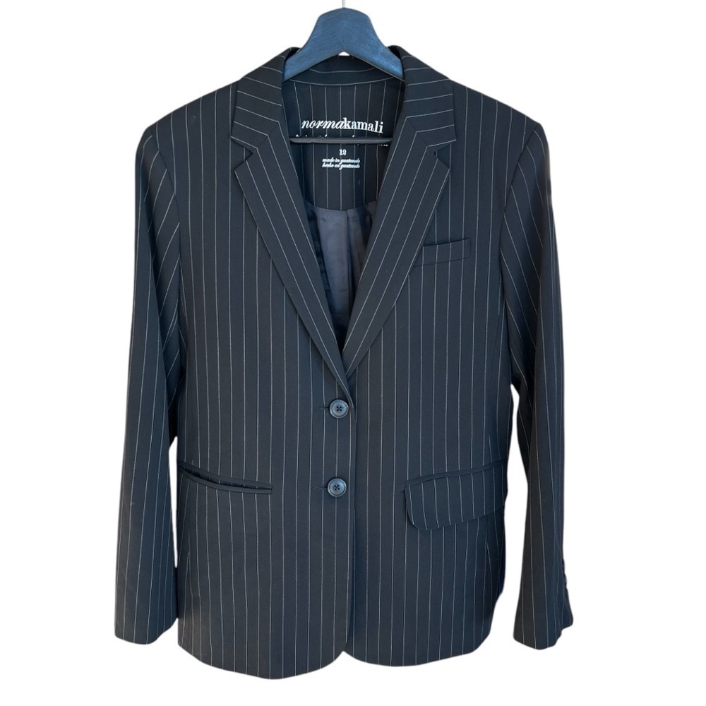 Norma Kamali Pinstripe Two Button Blazer Black White 12 Classic Contemporary